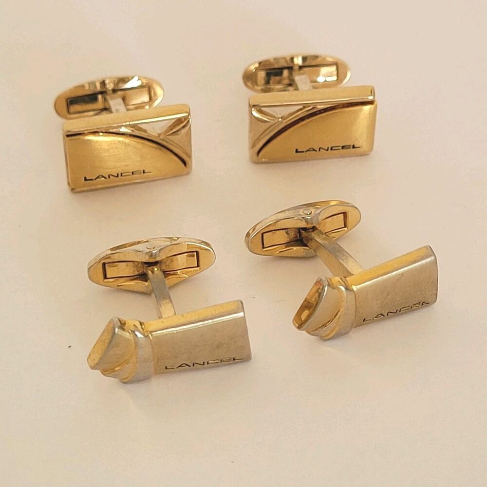 Lancel Paris French Gold Tone Logo Cufflinks Lot Of 2‎ Bundle Retro Designer